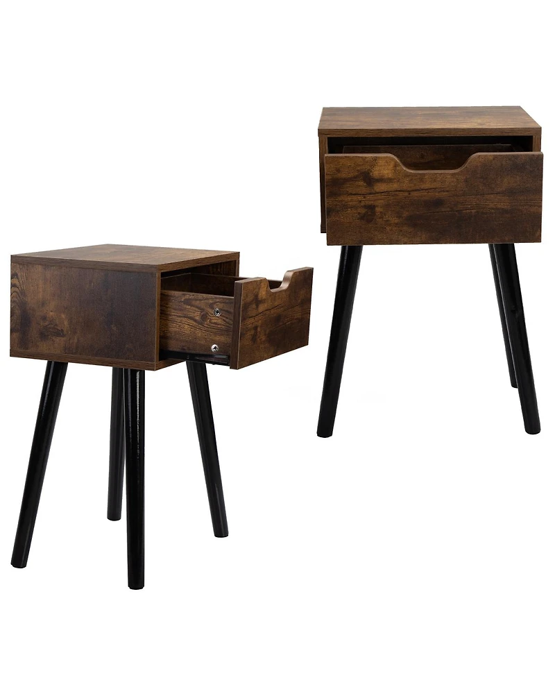 Simplie Fun Mid Century Wood Side Table with Storage, Rustic Brown & Black