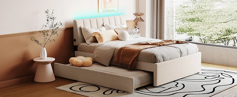 Streamdale Teddy Fleece Full Upholstered Platform Bed With Trundle, Beige