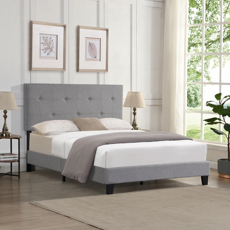 Simplie Fun Gray Upholstered Platform Bed Frame, Easy Assembly