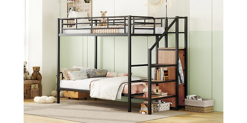 Simplie Fun Twin Over Metal Bunk Bed With Lateral Storage Ladder And Wardrobe, White