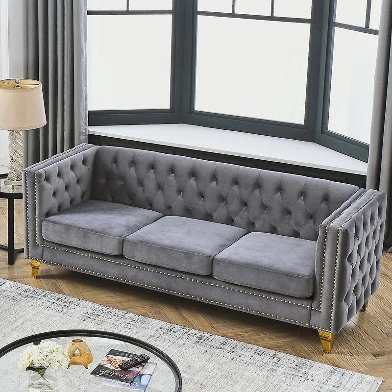 Streamdale Furniture Modern Grey Velvet Sofa with Metal Legs