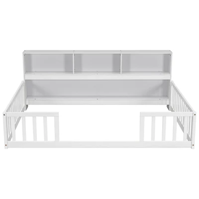 Simplie Fun Full Floor Bed With Side Bookcase, Shelves, Guardrails, White
