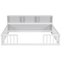Simplie Fun Full Floor Bed With Side Bookcase, Shelves, Guardrails, White