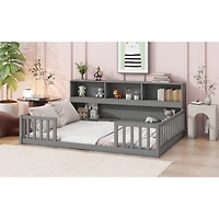 Simplie Fun Full Floor Bed With Side Bookcase, Shelves, Guardrails, Grey