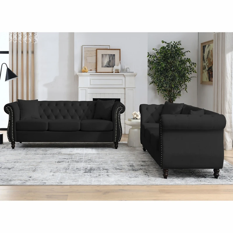 Simplie Fun Black Velvet Chesterfield Sofa, 3-Seater, Tufted Couch