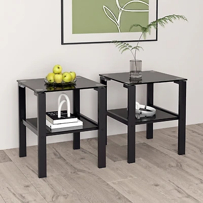 Simplie Fun Black Glass 2-Layer Tea Table Set