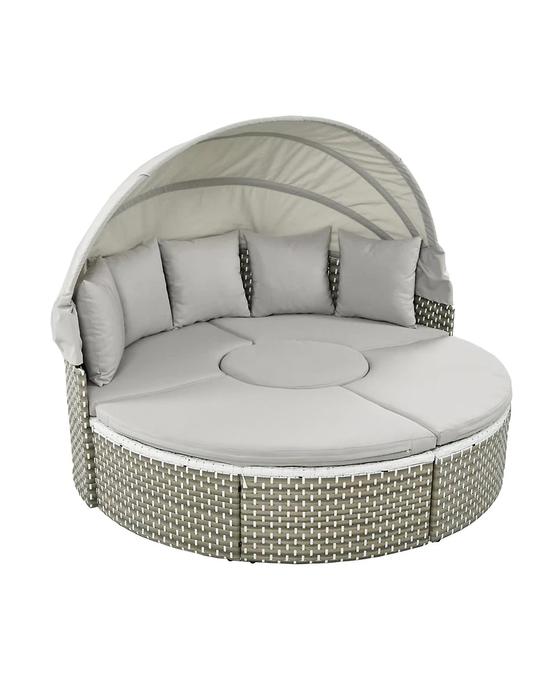 Simplie Fun Gray Rattan Outdoor Sectional Sofa Set with Retractable Canopy