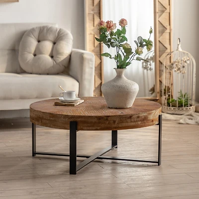 31.29"Modern Retro Splicing Round Coffee Table, Fir Wood Table Top With Black Cross Legs Base