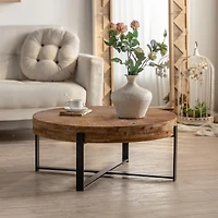 31.29"Modern Retro Splicing Round Coffee Table, Fir Wood Table Top With Black Cross Legs Base
