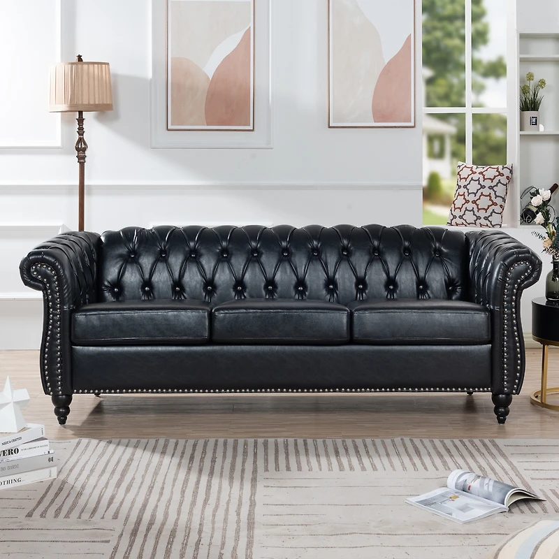 Streamdale 84.65" Pu Rolled Arm Chesterfield Three Seater Sofa