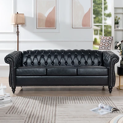 Streamdale 84.65" Pu Rolled Arm Chesterfield Three Seater Sofa