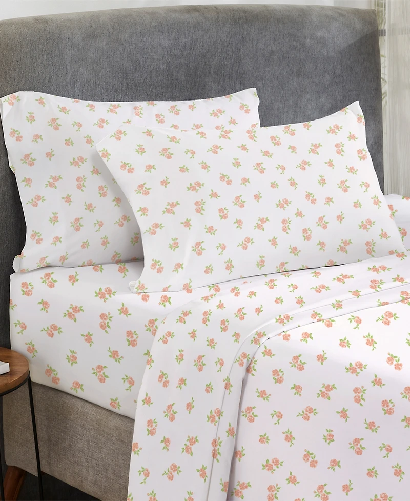Sheet Set Rose King Bed Sheets, Soft 100% Cotton Sateen, 4 Pc Deep Pocket Sheets & Pillowcase - Vintage