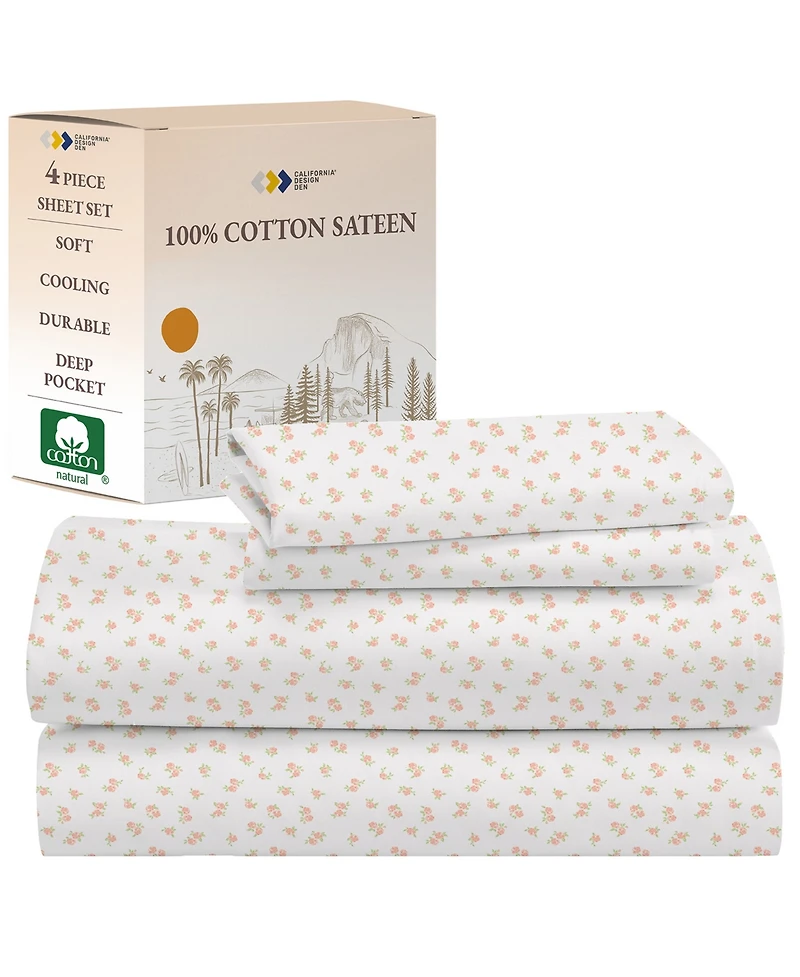 Rose Sheet, Full Bed Sheets Set, Soft 100% Cotton Sateen, 4 Pc Deep Pocket & Pillowcase Set - Vintage