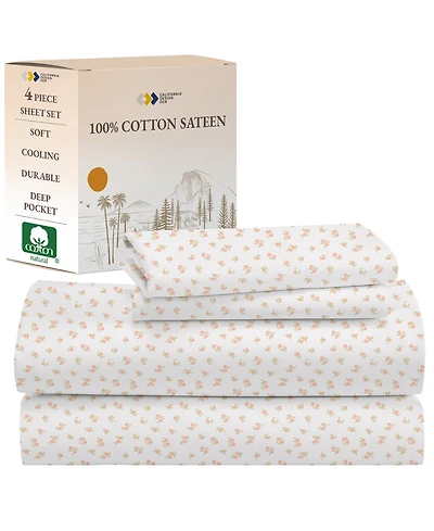 Rose Sheet, Full Bed Sheets Set, Soft 100% Cotton Sateen, 4 Pc Deep Pocket & Pillowcase Set - Vintage
