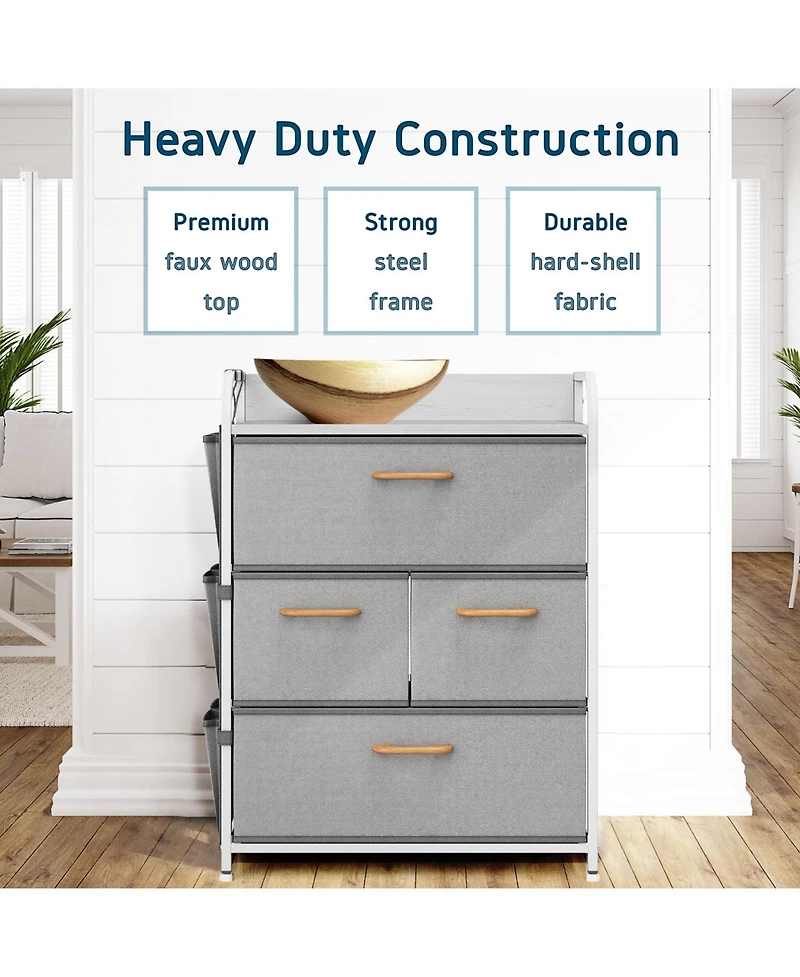 Heavy Duty Small 4 Drawer Fabric Dresser Organizer for Bedroom, Nursery, & Closet with Shoe Rack, Easy to Pull Wood Handles & Textured Wood Top