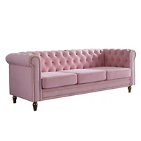 Simplie Fun Chesterfield Velvet Sofa 84.65 Inch For Living Room Pink Color