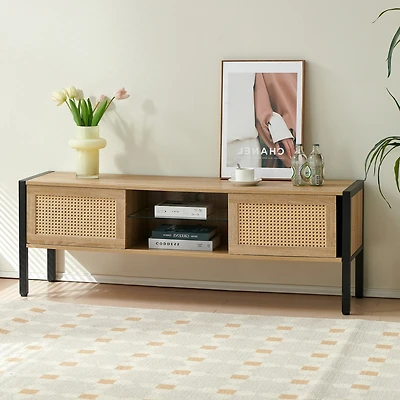 Streamdale Furniture Rattan Tv Cabinet with Adjustable Shelf and Colorful Light Strip