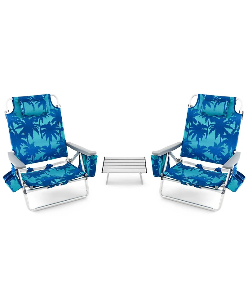 Costway 2-Pack Folding Backpack Beach Chair Table Set 5-Position Outdoor Reclining