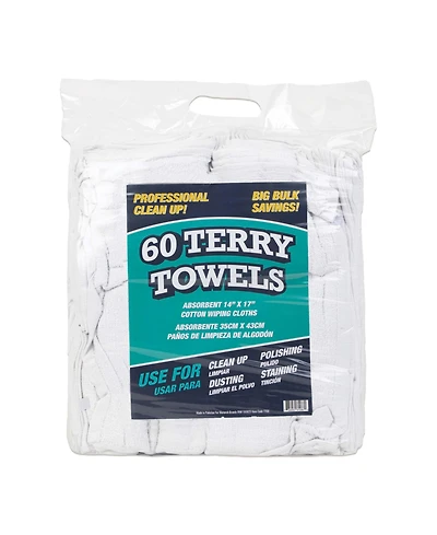 Arkwright Home Terry Towels (Pack of 60), White Cotton Cleaning Cloths, 14x17 in., Multi-Purpose, Reusable