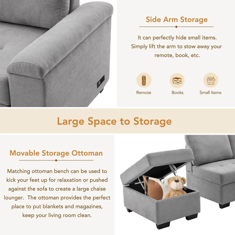 Simplie Fun L-Shaped Sleeper Sectional Sofa with Usb Charge