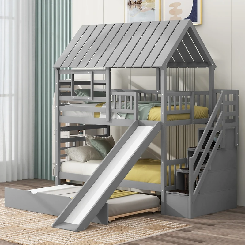 Simplie Fun Gray House Bunk Bed with Trundle, Slide, Storage stairway