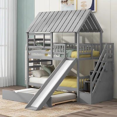 Simplie Fun Gray House Bunk Bed with Trundle, Slide, Storage stairway