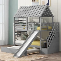 Simplie Fun Gray House Bunk Bed with Trundle, Slide, Storage stairway