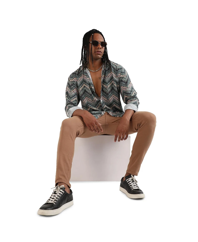 Campus Sutra Men's EcoLiva Olive Green Abstract Zig Zag Shirt