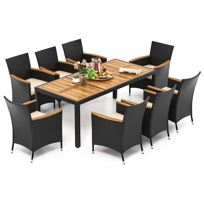 9 Pcs Outdoor Dining Set with Acacia Wood Tabletop, Umbrella Hole, Seat Cushions