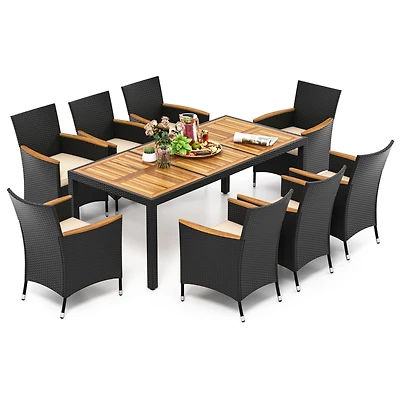 9 Pcs Outdoor Dining Set with Acacia Wood Tabletop, Umbrella Hole, Seat Cushions