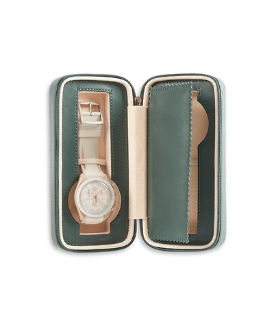 Bey-Berk Leather Two Watch Travel Case with Form Fit Compartments, Center Divider to Prevent Watches from Touching and Zipper Closure.