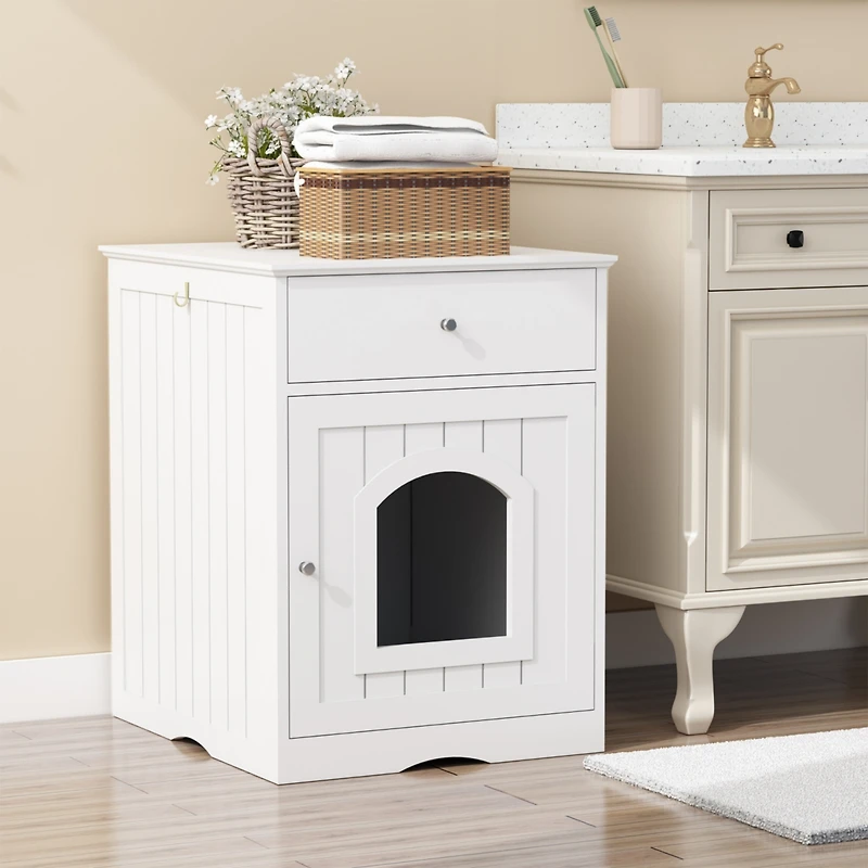 Streamdale Furniture Wooden Cat Litter Box Enclosure with Drawer & Side Table