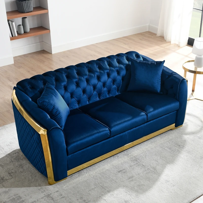 Streamdale Furniture Navy Blue Velvet Sofa Set with Gold Stainless Legs