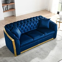 Streamdale Furniture Navy Blue Velvet Sofa Set with Gold Stainless Legs