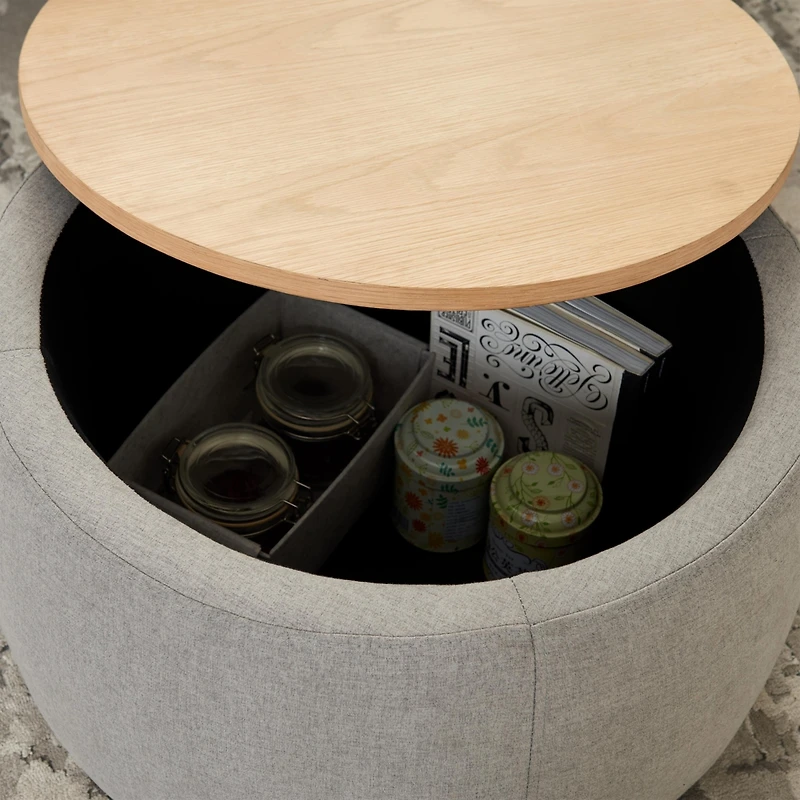 Round Storage Ottoman, 2 in 1 Function, Work as End Table and Ottoman