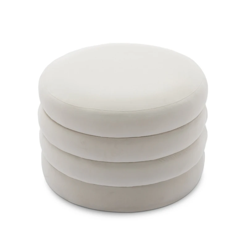 Streamdale Furniture Velvet Fabric Storage Round Ottoman Footstool With Wooden Shelving, Ivory
