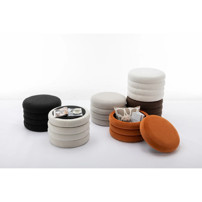 Streamdale Furniture Velvet Fabric Storage Round Ottoman Footstool With Wooden Shelving, Ivory