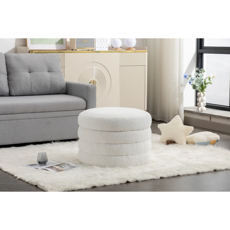 Boucle Fabric Storage Round Ottoman Footstool With Wooden Shelving, Ivory