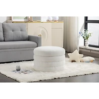 Boucle Fabric Storage Round Ottoman Footstool With Wooden Shelving, Ivory