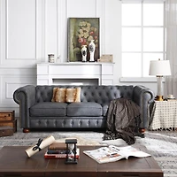 Simplie Fun Classic Chesterfield Sofa Dark Grey Faux Leather