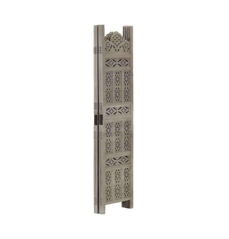 vidaXL Hand carved 4-Panel Room Divider Gray 63"x65" Solid Mango Wood