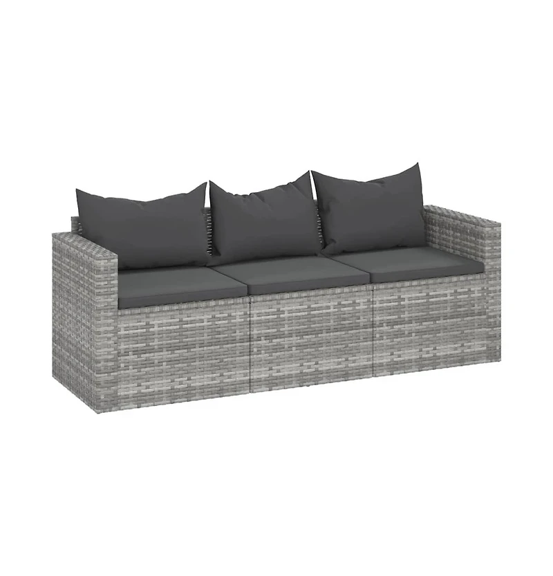 vidaXL 3-Seater Patio Sofa with Cushions Gray Poly Rattan