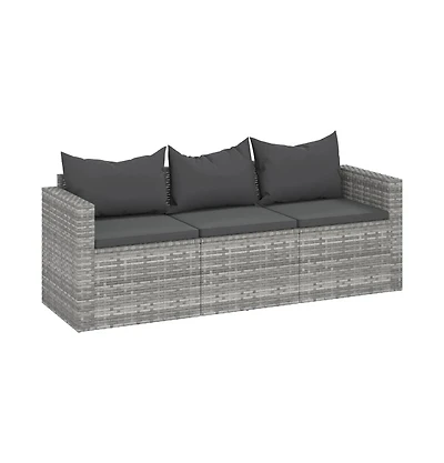 vidaXL 3-Seater Patio Sofa with Cushions Gray Poly Rattan