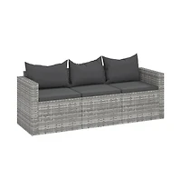 vidaXL 3-Seater Patio Sofa with Cushions Gray Poly Rattan