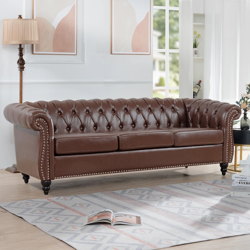 Streamdale Furniture 84" Dark Brown Pu Rolled Arm Chesterfield Three Seater Sofa