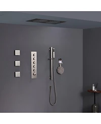 Mondawe Free Combination Handles 3 Functions 5 Sprays Flush Ceiling Mounteded Luxury Led and Music Thermostatic Shower System with 3 Body Jets and Sli