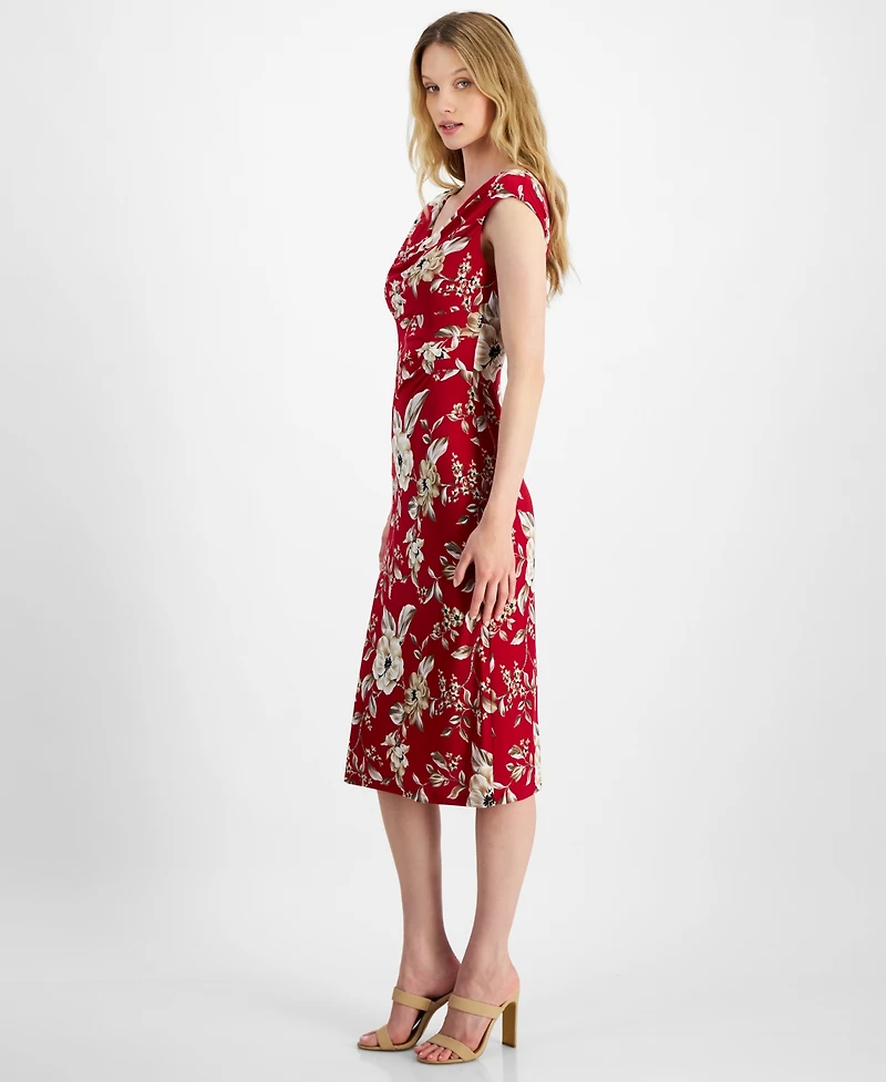 Connected Petite Printed Drape-Neck Midi Dress
