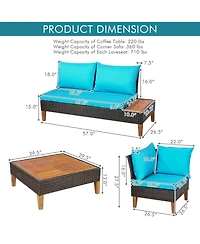 Gymax 4PCS Acacia Wood Patio Furniture Set Rattan Conversation Set w/ Turquoise Cushions