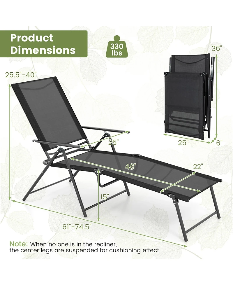 Costway 2 Piece Patio Folding Chaise Lounge Chairs with 6-Level Backrest Reclining