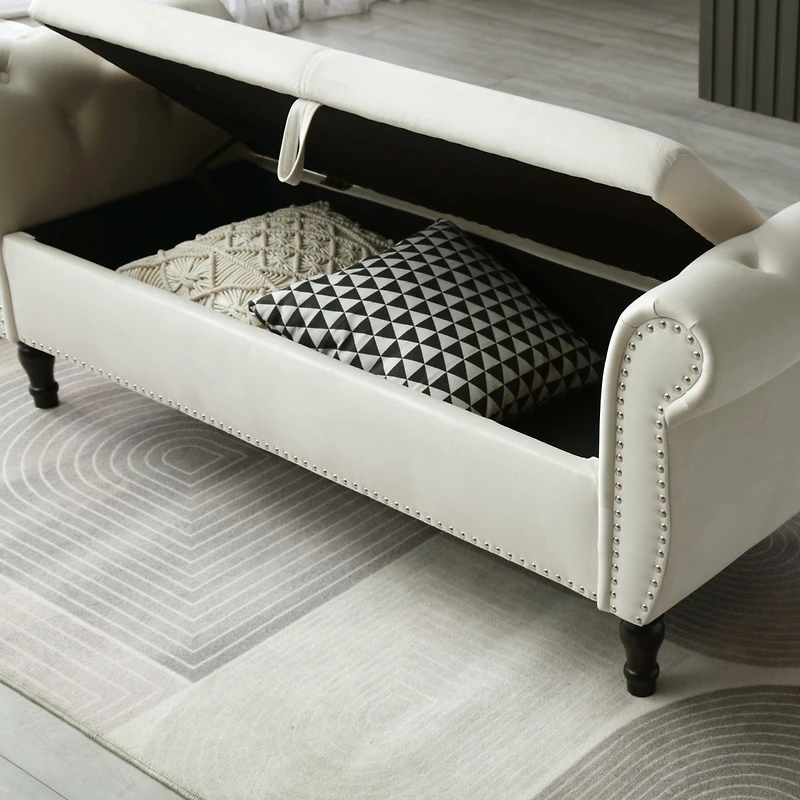 Simplie Fun 63" Velvet Multifunctional Storage Rectangular Sofa Stool Buttons Tufted Nailhead Trim